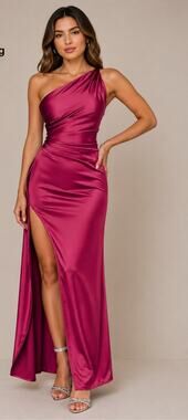 OYS one shoulder hot pink fuchsia gown front slit bodycon Maxi dress medium NWT